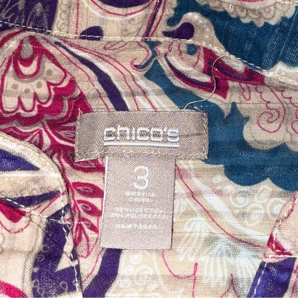 Chico’s Paisley Button Front Tunic Blouse 3 Purple Teal Boho Lightweight - Picture 5 of 7